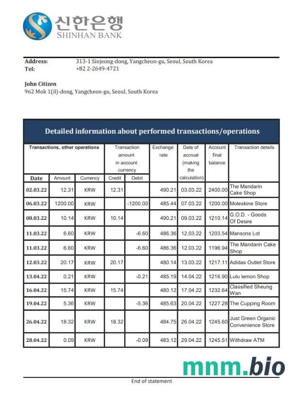 Wyciąg bankowy KDB z Korei Południowej łatwy do wypełnienia szablon w formacie Excel i PDF